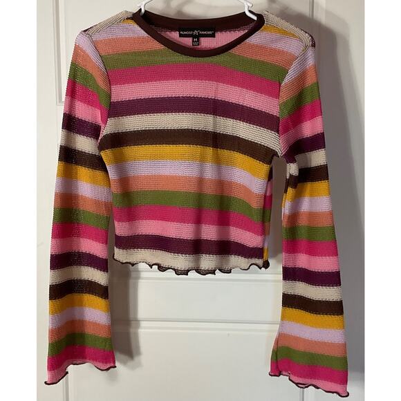 Almost Famous Tops - Almost Famous Multicolor Pink Striped Long Sleeve Cropped Top M
